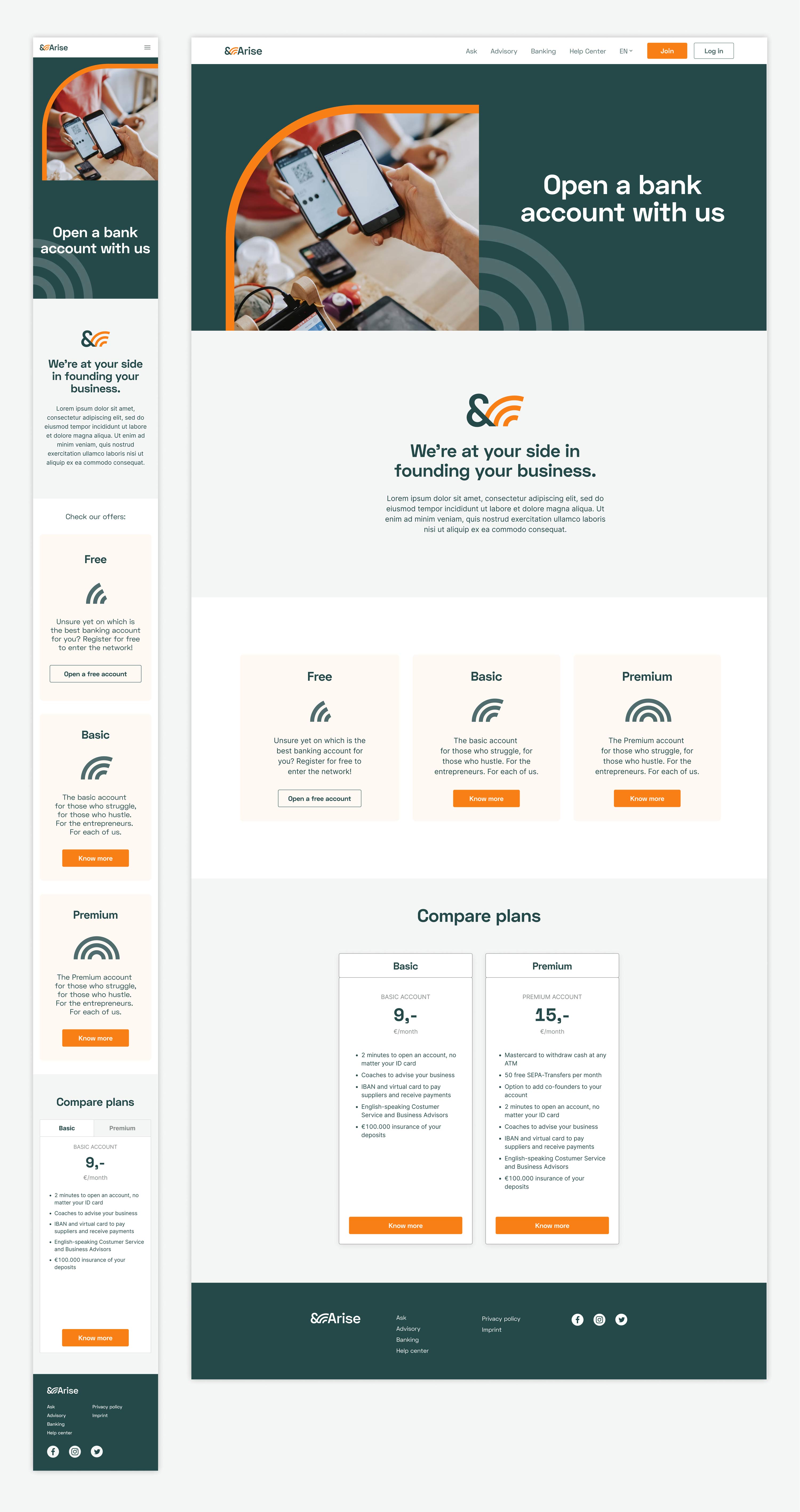 &arise banking page for mobile and desktop, ux ui design, figma