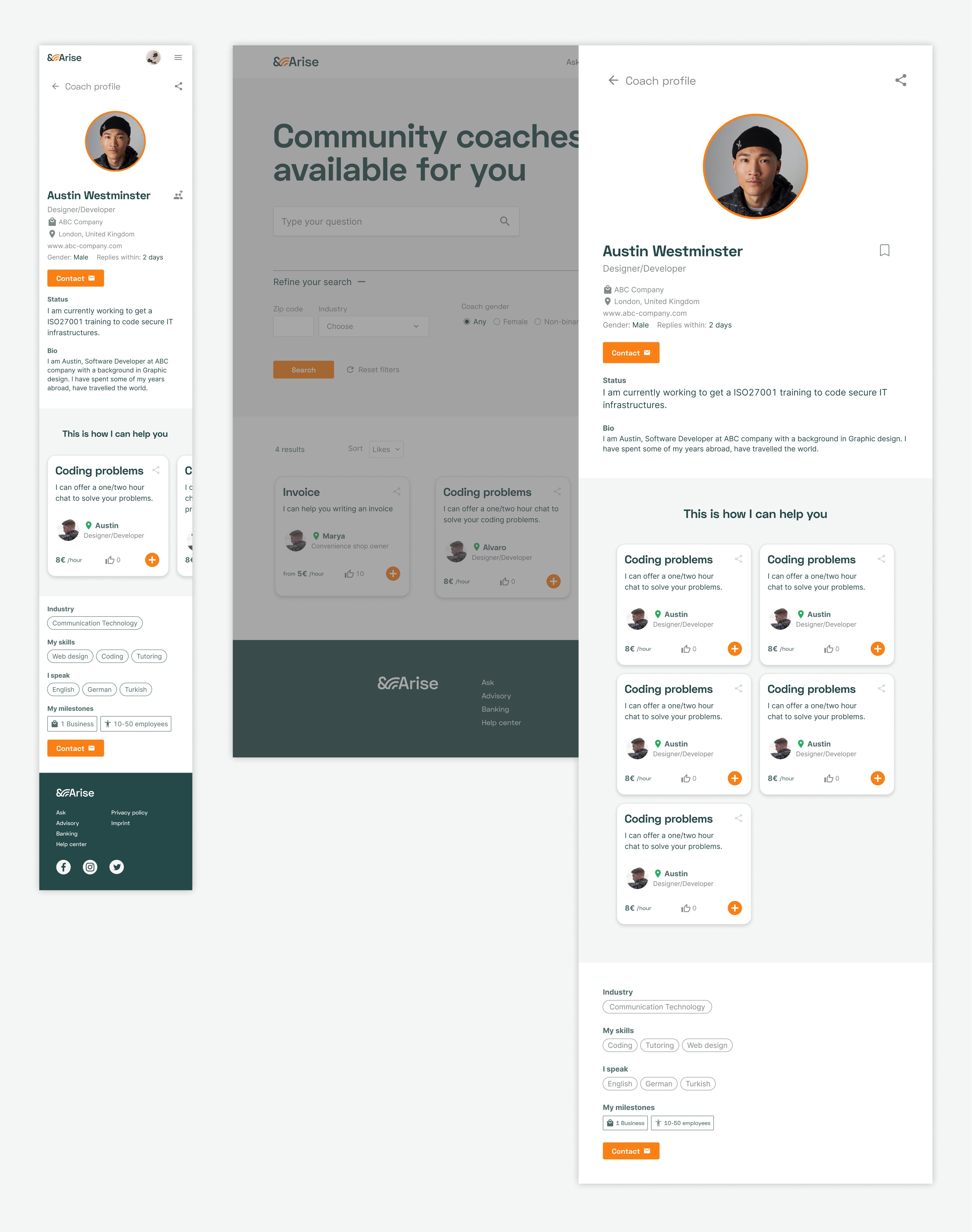 &arise coach page for mobile and desktop, ux ui design, figma