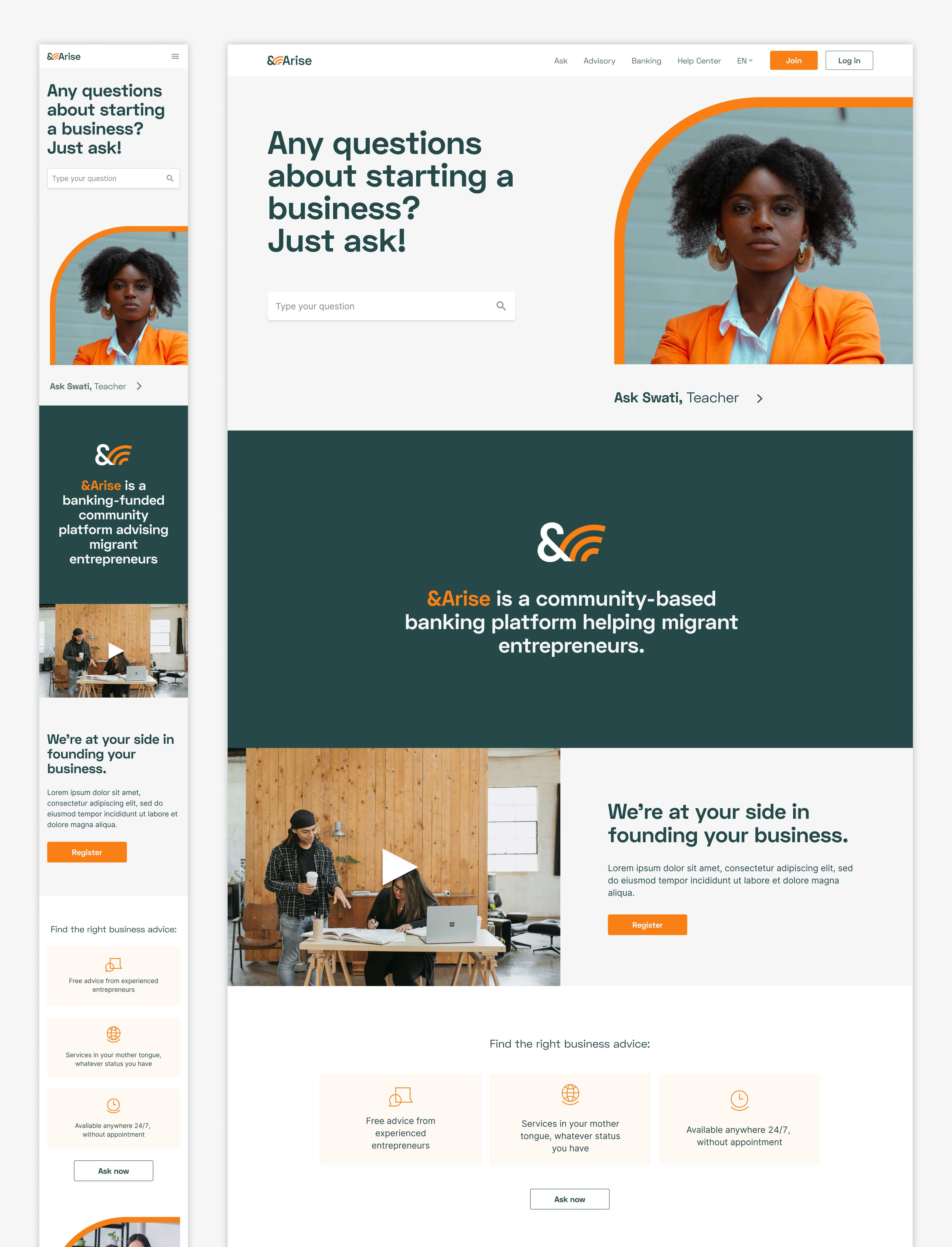 &arise homepage for mobile and desktop, ux ui design, figma