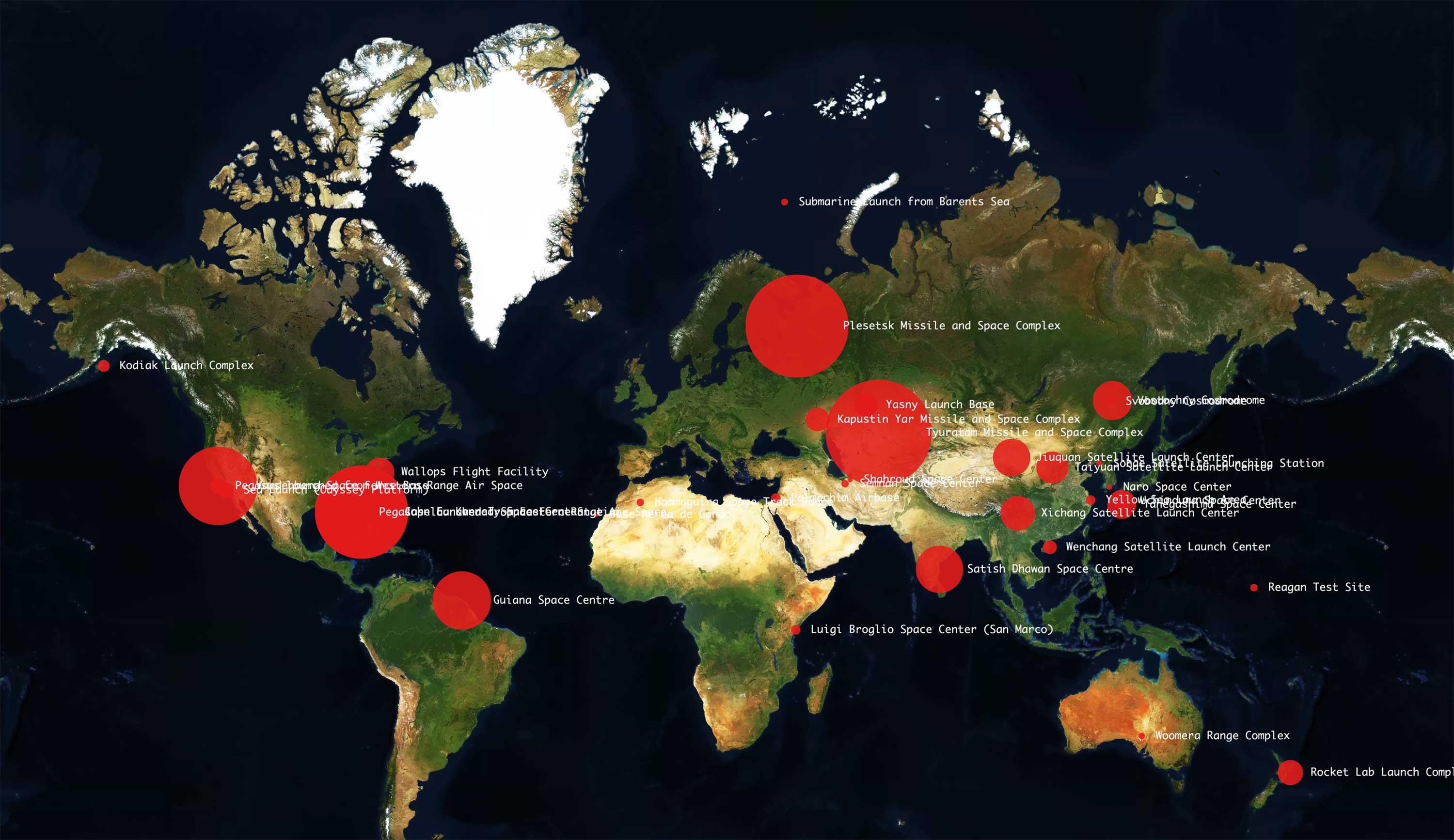 world map of satellite launching stations