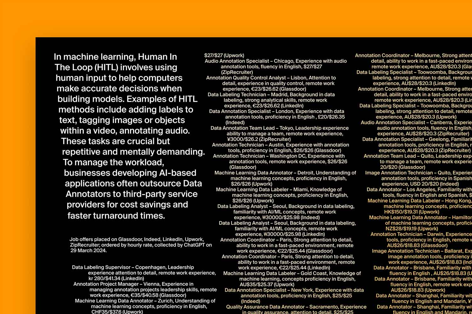 a poster highlighting rate inequalities among data annotation job offers worldwide